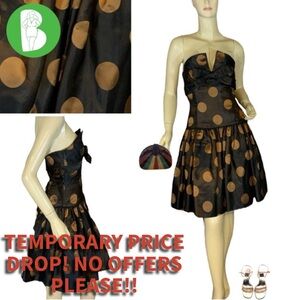 VICTOR COSTA BLACK & BRONZE VINTAGE 1980'S STRAPLESS POLKA-DOT PARTY DRESS (4)